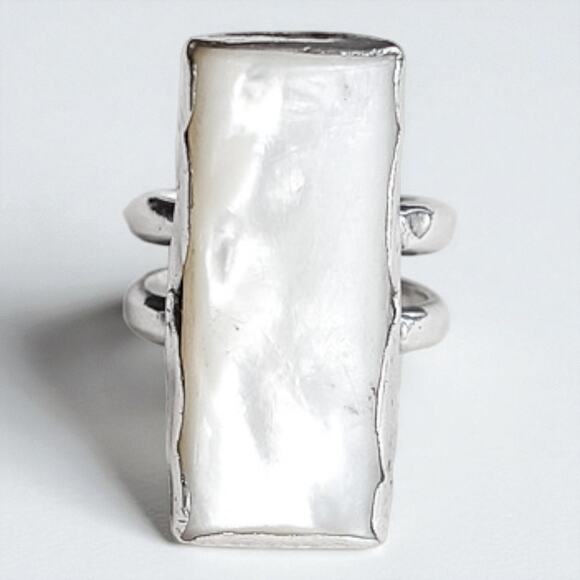 Vintage 925 Silver Abalone Shell Ring Size 8 Chunky Double Band Statement - Picture 1 of 9